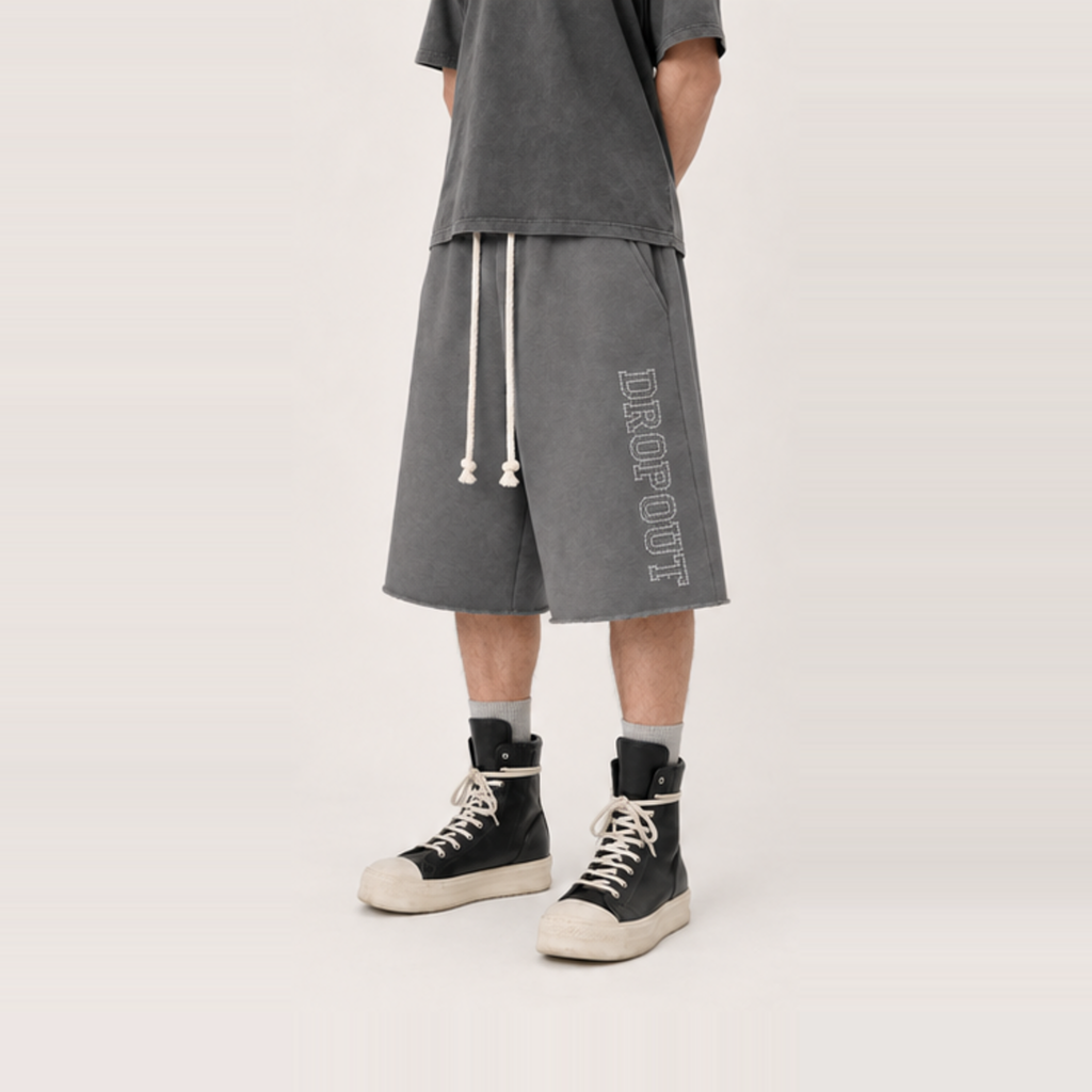 RHINESTONE SIDE LOGO WIDE LEG SWEAT JORTS — GREY