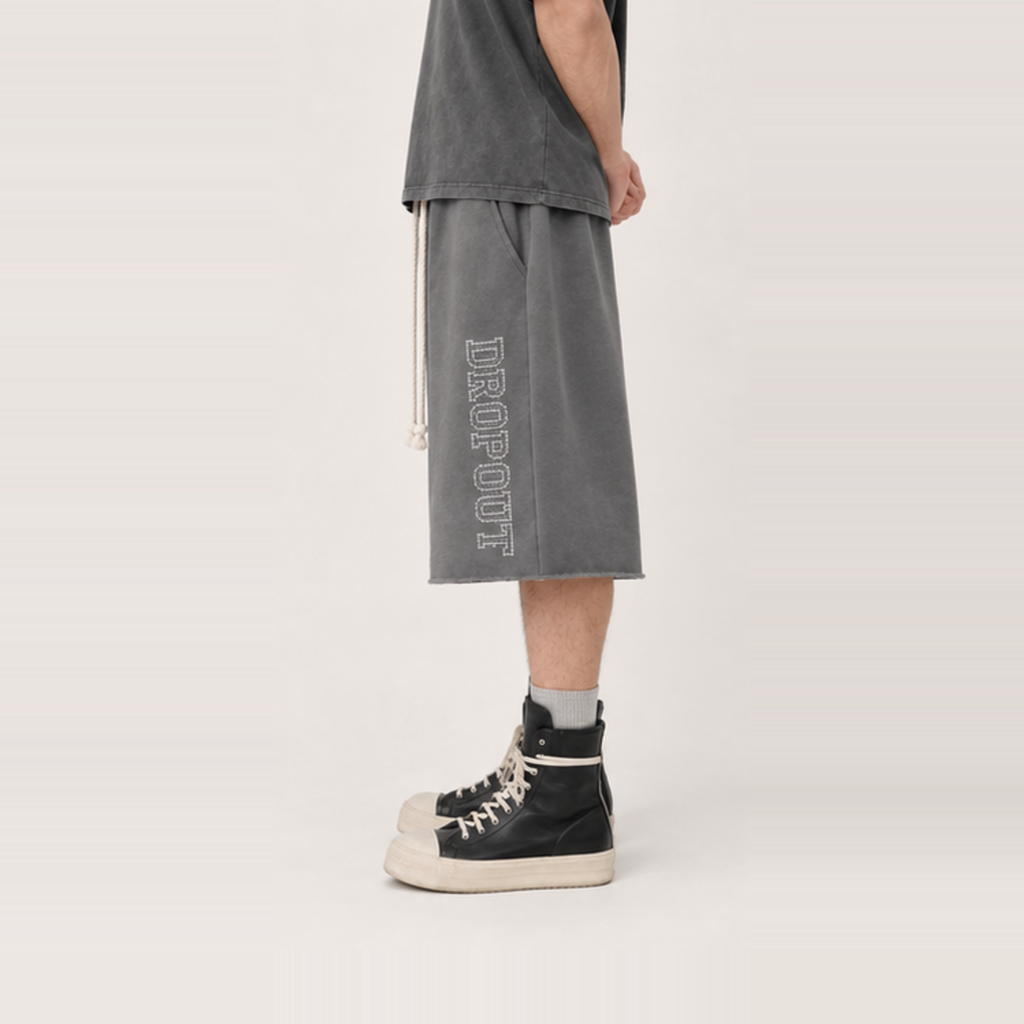 RHINESTONE SIDE LOGO WIDE LEG SWEAT JORTS — GREY