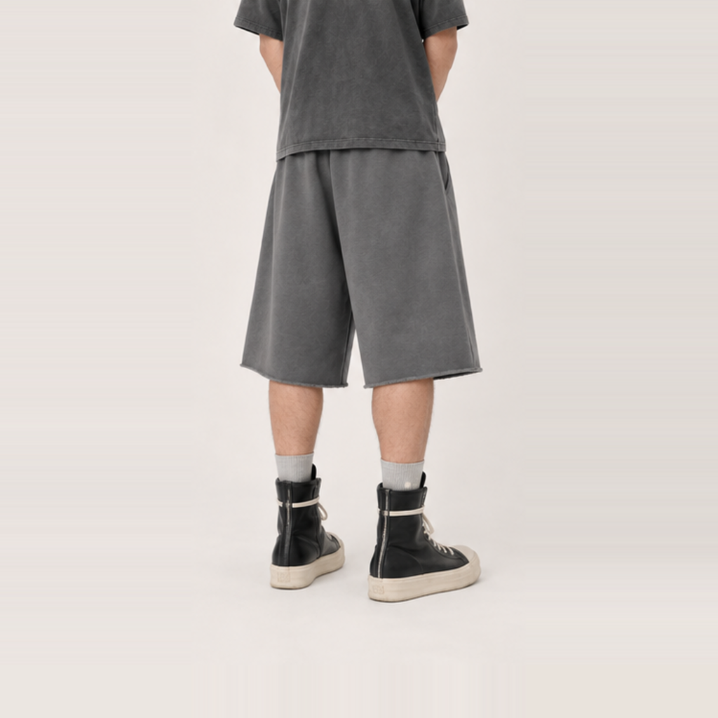 RHINESTONE SIDE LOGO WIDE LEG SWEAT JORTS — GREY