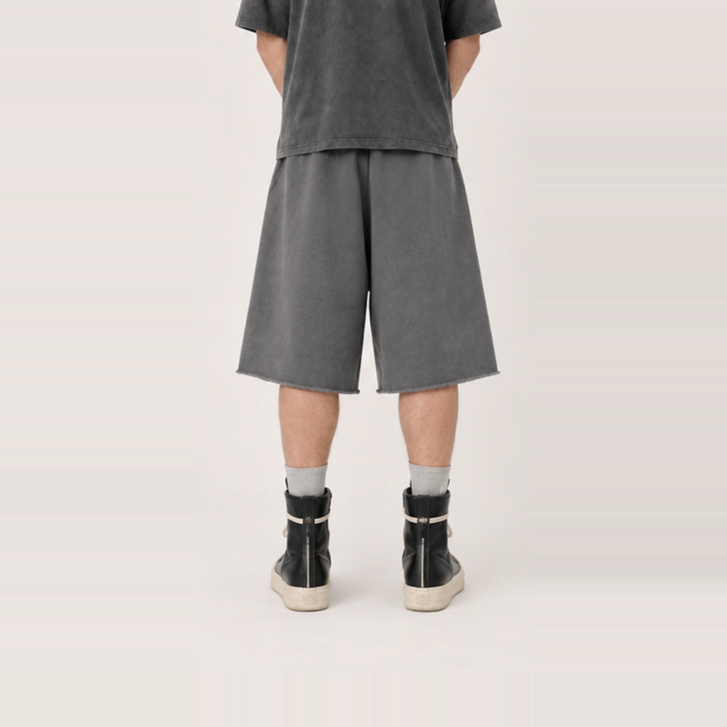 RHINESTONE SIDE LOGO WIDE LEG SWEAT JORTS — GREY
