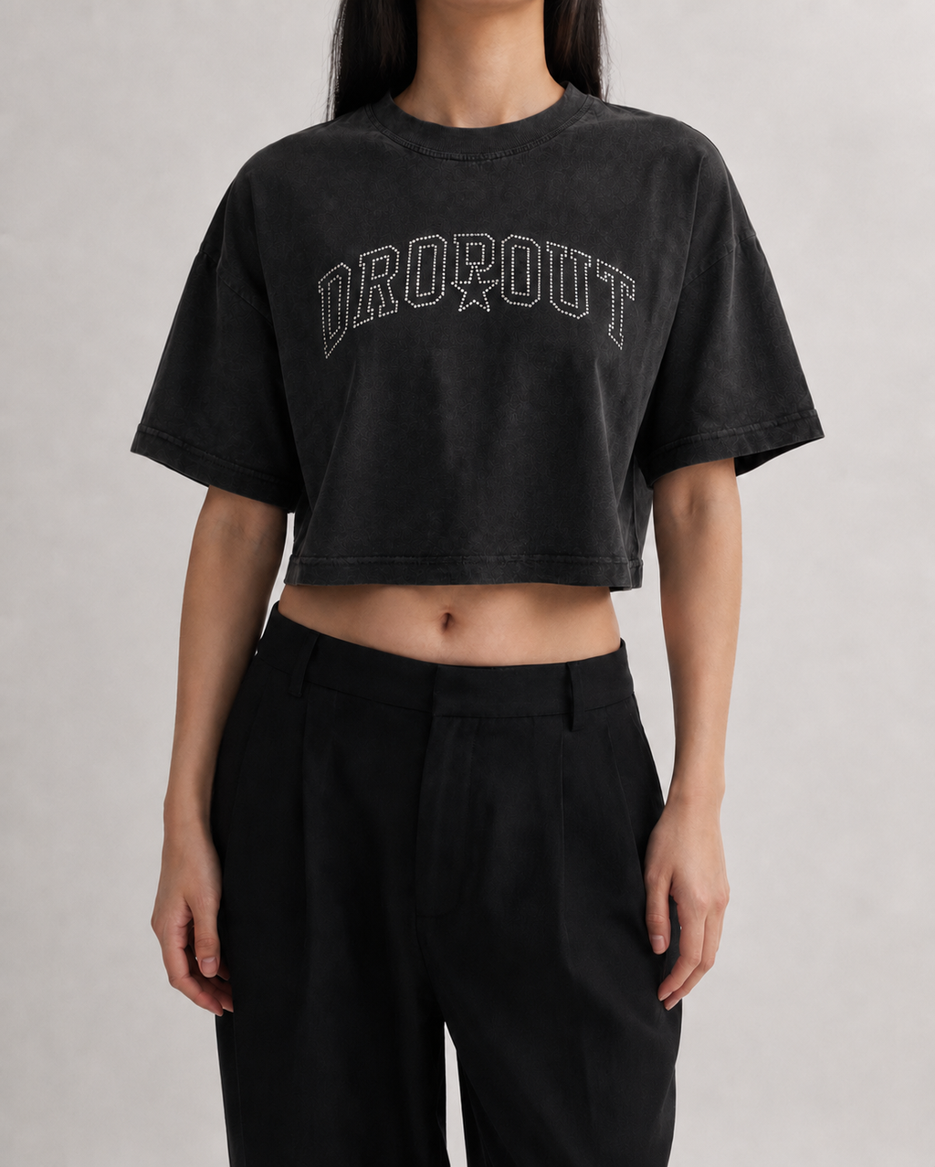 RHINESTONE BOXY CROP TEE — BLACK