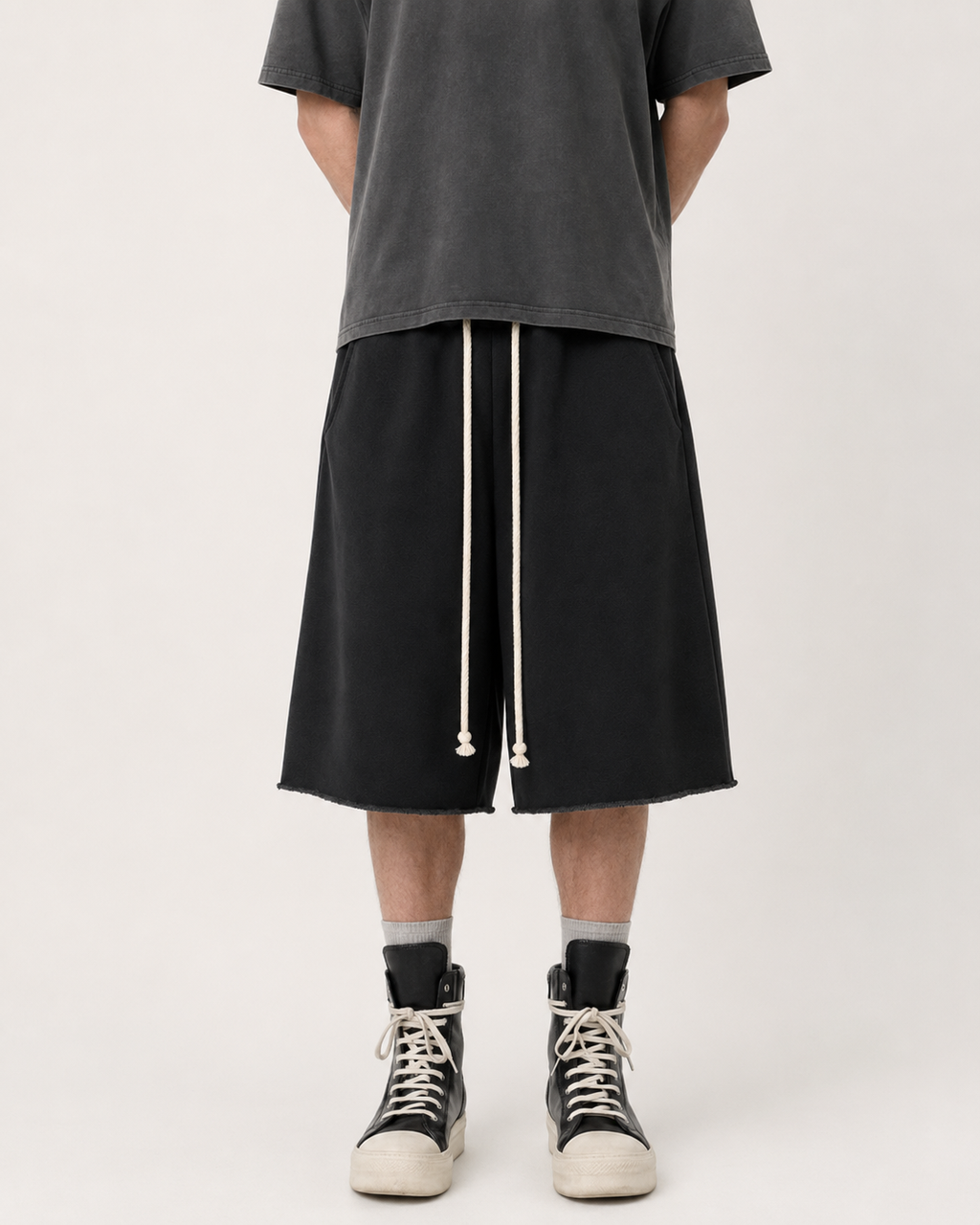 WIDE LEG SWEAT JORTS — BLACK
