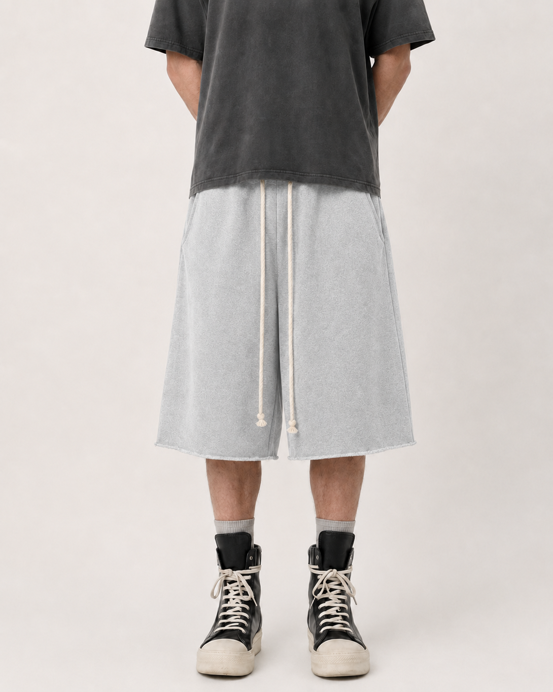 WIDE LEG SWEAT JORTS — GREY MELANGE