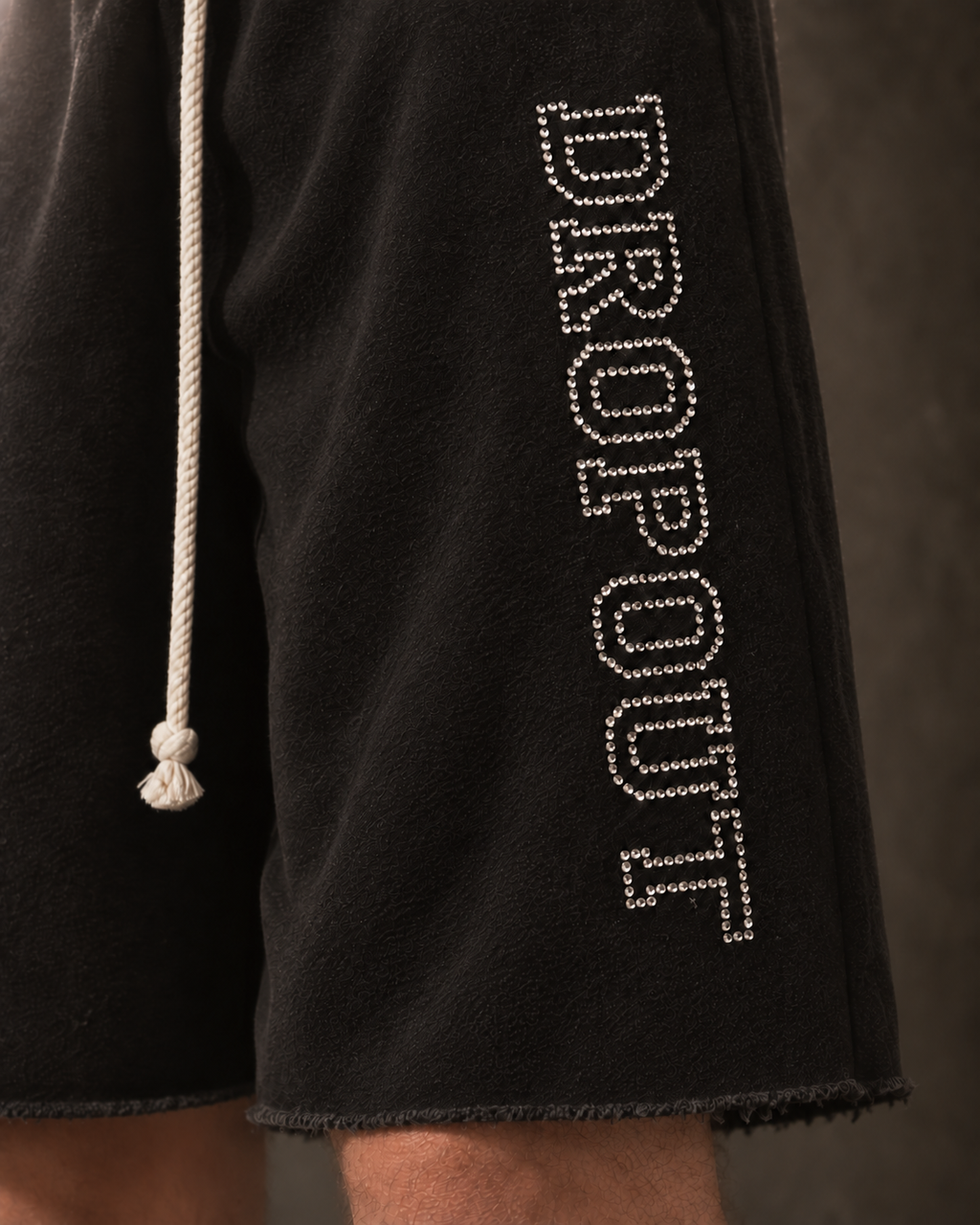 RHINESTONE SIDE LOGO SWEAT JORTS  — BLACK