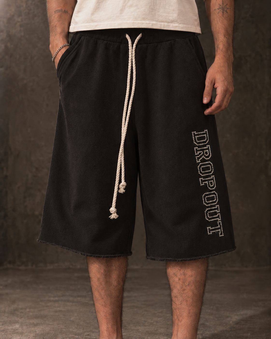 RHINESTONE SIDE LOGO SWEAT JORTS  — BLACK
