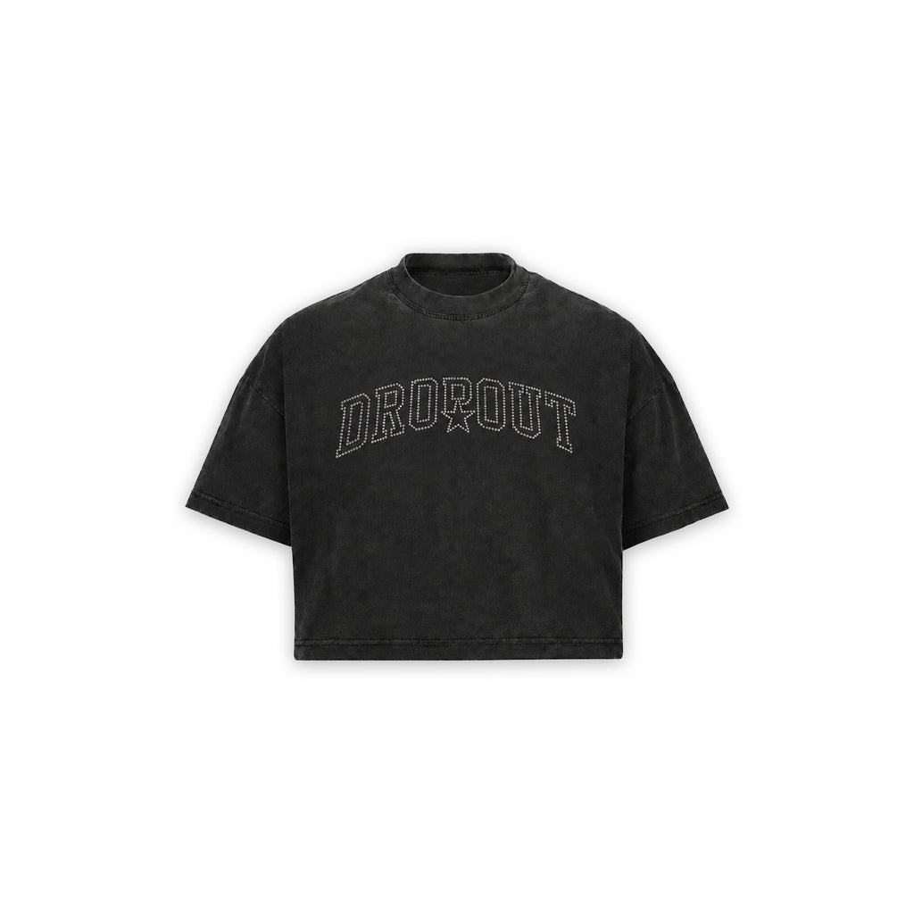RHINESTONE BOXY CROP TEE — BLACK